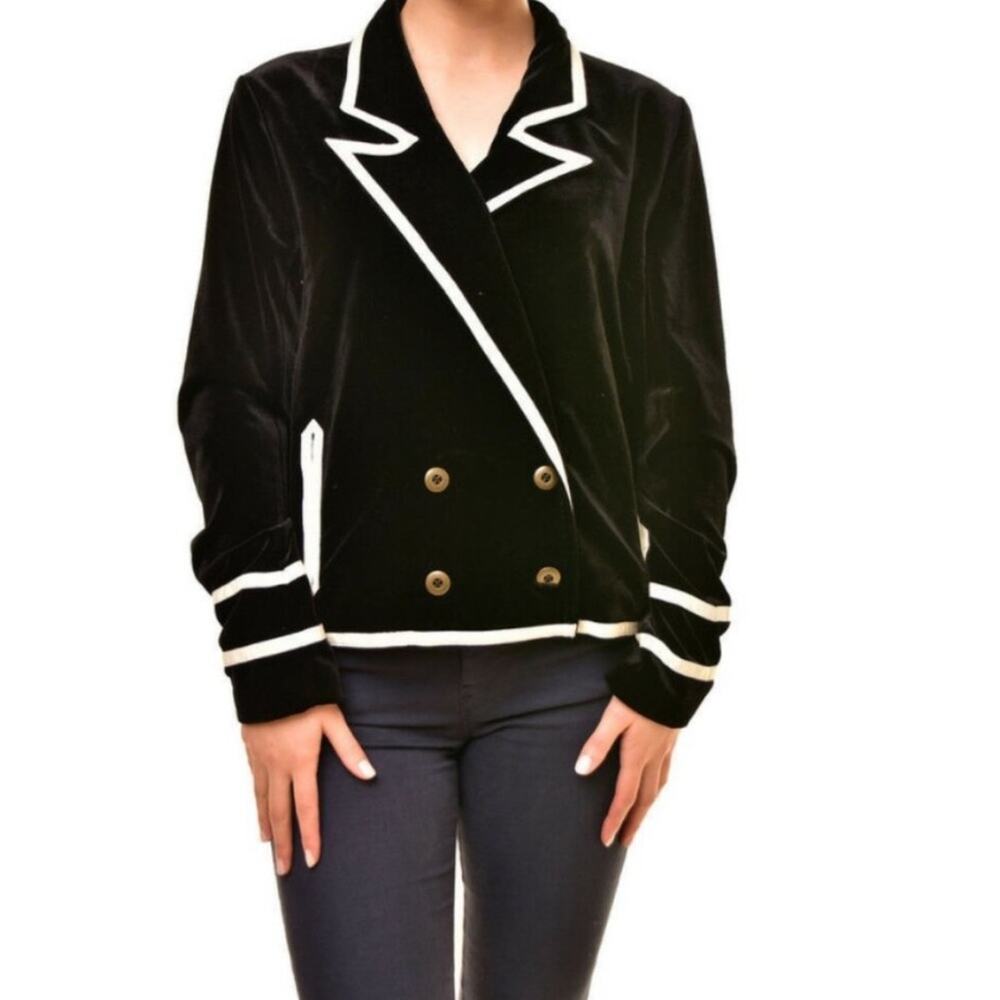 ONE TEASPOON Black Velvet White Piping Trim Double Breasted Tuxedo Blazer Sz XS